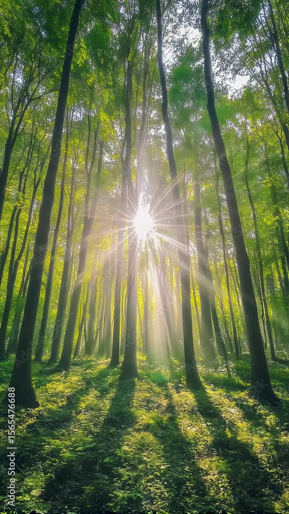 Poster sunbeams in the forest: sunlight streams through the dense canopy of a lush forest, creating a magic
