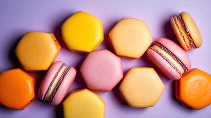 Obraz premium A Captivating Assortment of Vibrant Macaron Cookies Arranged Artfully on a Soft Lavender Background for a Delightful Visual Treat