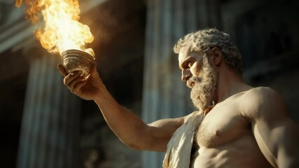 Prometheus fire bearer: mythic figure, ancient legend, blazing flame, divine spark, heroic titan, sacred symbol, eternal light, celestial element, burning gift, powerful force, glowing ember,