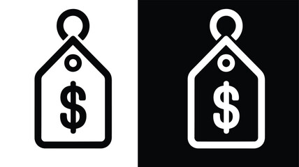 Minimalist black and white price tag icons with dollar sign symbol representing value, cost, and pricing in commerce and retail design