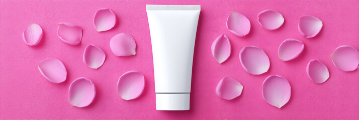Pink Background with Water Droplets and Cosmetic Container
