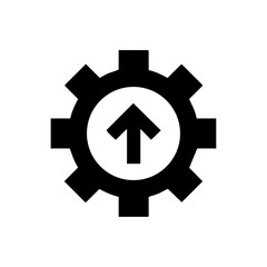 Vector icon of a gear with an upward arrow, representing progress, technical growth, and continuous improvement in productivity.

