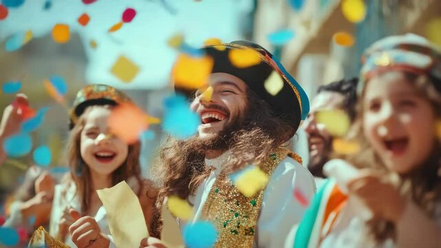 Crowd of smiling, joyful individuals at a festive outdoor event with colorful confetti and cheerful expressions.