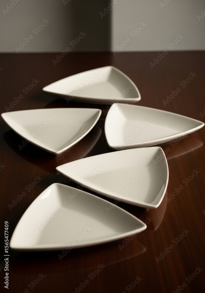 Poster triangular plates arrangement - five minimalist triangular plates arranged creatively on a dark brow