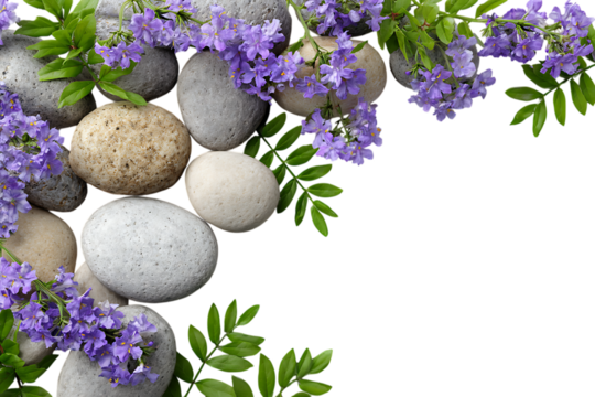 Smooth grey and tan river stones with delicate purple flowers and green leaves isolated on transparent background - Powered by Adobe