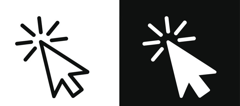Cursor click icons with starburst effect on black and white backgrounds, symbolizing digital interaction and modern user interface elements