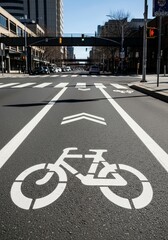 Urban Bike Lane on a Sunny Day - A serene city street scene, showcasing a designated bike lane, symbolizing urban cycling, environmental consciousness, healthy living, city infrastructure, and