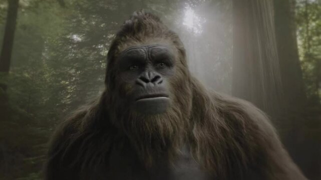 Bigfoot walking in misty forest