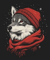 Cute Cartoon Illustration of a White Husky and Black Cat Sitting Together in Winter Nature