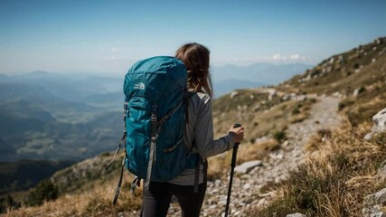 Strong female explorer hiking mountain ridge with poles and panoramic view
- Powered by Adobe