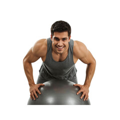 Fit Man Doing Exercise with Stability Ball, Smiling at Camera