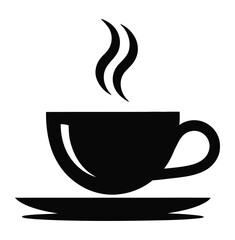 Minimalist black and white icon of a steaming coffee cup on saucer — ideal for café branding, menus, morning drink concepts, and design.
