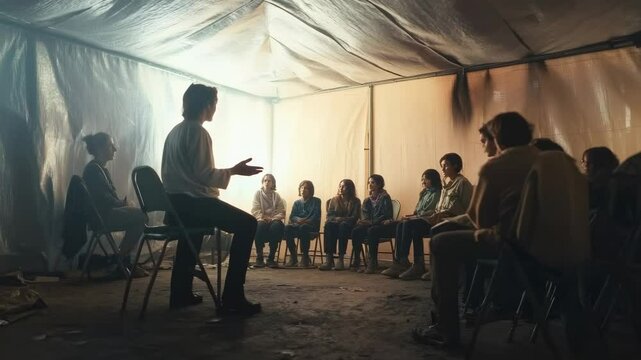 Compassionate psychologist counseling traumatized earthquake survivors within makeshift medical relief shelter, showing professional trauma support