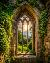Sunlit gothic window in overgrown stone ruin