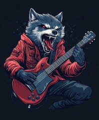 Rocking Woman Guitarist in Vector Illustration with Electric Bass and Musical Band Elements