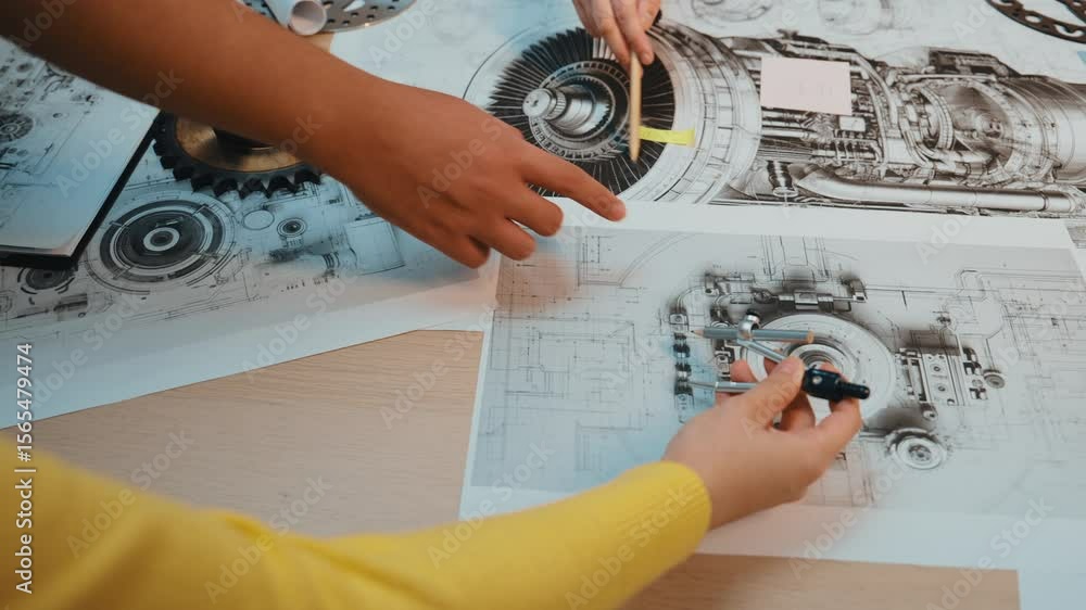 Aufkleber this image captures hands actively engaged in planning a mechanical design project, featuring techni