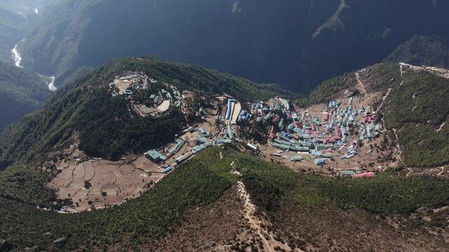 Aerial view of Lukla Airport in Nepal, capturing the vibrant colors of the surrounding village and the majestic Himalayan backdrop
