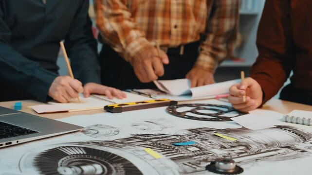 A team of engineers actively collaborating on an aircraft engine design project, analyzing technical drawings with a modern laptop in an innovative workspace. SACTR
