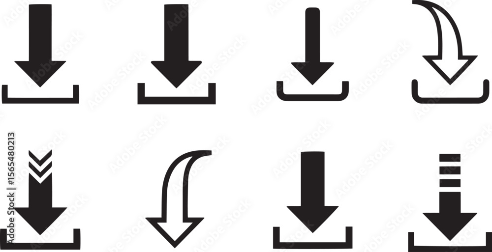 Poster a versatile collection of minimalist download icons, featuring various arrow styles pointing into a 