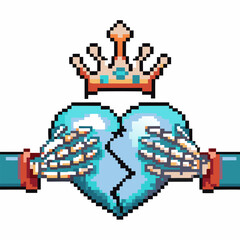 Obraz premium Pixel art skeleton hands holding broken blue heart with gold crown retro digital illustration, love loss fantasy