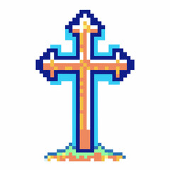 Obraz premium Pixel art christian cross with blue border on patch of grass retro digital religious symbol isolated on white background