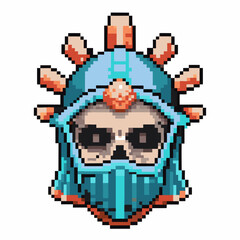 Fototapeta premium Pixel art skull warrior helmet with blue visor and spiked crown retro game character, fantasy armor, vintage pixel