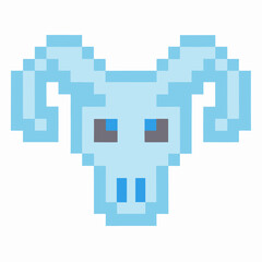 Fototapeta premium Pixel art ram skull icon, blue tones retro 8 bit video game animal head with curved horns, minimalist digital illustration