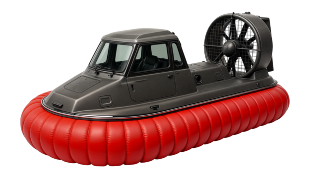 Rescue hovercraft with bright red skirt and elevated cabin