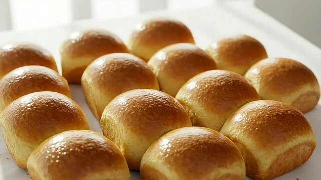 Close Up Of Baked Golden Rolls Arranged In Rows On White Surface Lighting From The Side