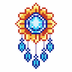 Fototapeta premium Pixel art sunburst amulet with glowing blue gemstone and hanging crystal charms, retro fantasy magical jewelry icon