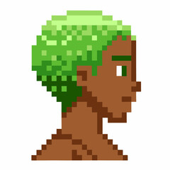 Pixel art portrait of a person with green curly hair, brown skin, and neutral expression on white background, modern digital character