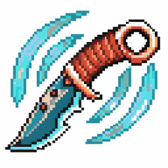 Fototapeta premium Pixel art hunting knife with curved blade and brown handle, motion lines, retro video game weapon, sharp, action icon