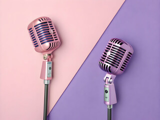 Pastel pink and purple retro microphones on a split background