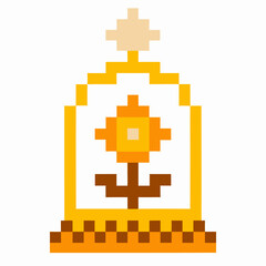 Obraz premium Retro pixel art sunflower in a glass dome, yellow flower inside display case, vintage digital floral illustration
