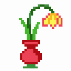 Obraz premium Pixel art wilted yellow flower in red vase, with green stem and leaves, retro minimal digital design