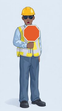 Animated cartoon crossing guard in protective gear holding up a blank red stop sign