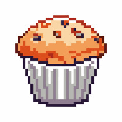 Fototapeta premium Pixel art chocolate chip muffin in white paper cup on white background retro bakery dessert, sweet snack food icon