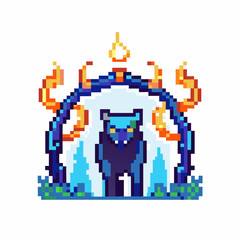 Fototapeta premium Pixel art magical wolf in blue flames, mythic guardian animal standing under fiery arch, retro fantasy game sprite