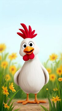 Cute animated chicken is happily living on a bright modern cartoon farm setting