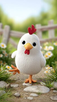 Cute animated chicken is happily living on a bright modern cartoon farm setting