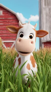 Cute animated cow is happily living on a bright modern cartoon farm setting