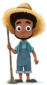 Cute animated farmer is happily living on a bright modern cartoon farm setting