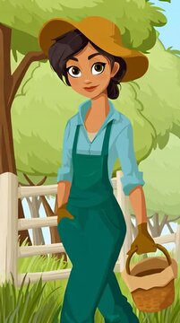 Cute animated farmer is happily living on a bright modern cartoon farm setting
