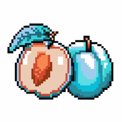 Obraz premium Pixel art peach and blue plum with green leaf retro 8 bit fruit illustration, bright colorful digital food icon
