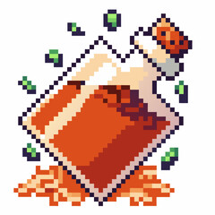 Fototapeta premium Pixel art magic potion bottle with red liquid and cork, fantasy elixir, retro video game style, sparkles and gold coins