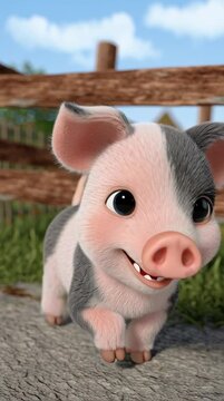 Cute animated pig is happily living on a bright modern cartoon farm setting
