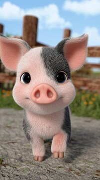 Cute animated pig is happily living on a bright modern cartoon farm setting