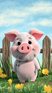 Cute animated pig is happily living on a bright modern cartoon farm setting