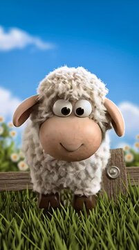 Cute animated sheep is happily living on a bright modern cartoon farm setting