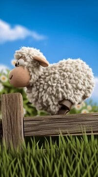 Cute animated sheep is happily living on a bright modern cartoon farm setting